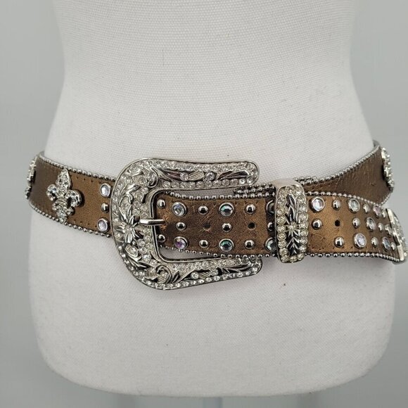 Leather Bronze Fleur De Lis Western Rhinestone Belt - Picture 3 of 15